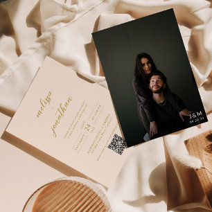Modern Beige Gold Photo Monogram QR code Wedding Invitation
