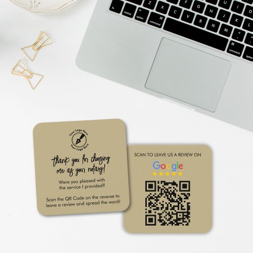 Modern Beige Google Review QR Code Notary Logo Square Business Card