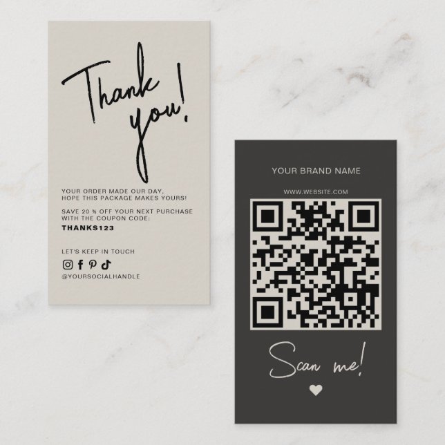 Modern beige gray order thank you QR code Business Card (Front/Back)