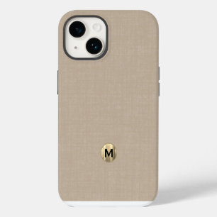 Modern Beige Linen Brushed Gold Monogram iPhone 14 Case