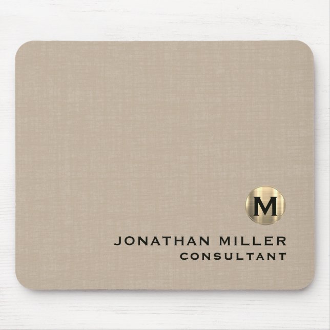 Modern Beige Linen Brushed Gold Monogram Mouse Pad (Front)