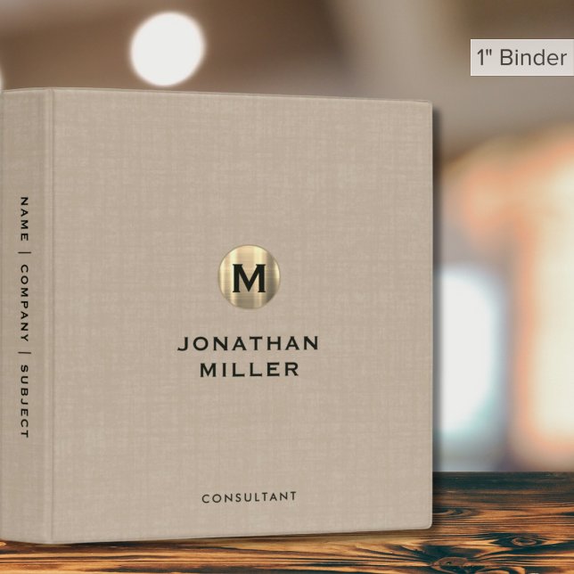 Modern Beige Linen Gold Monogram 3 Ring Binder (Creator Uploaded)