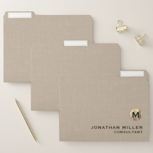 Modern Beige Linen Gold Monogram File Folder