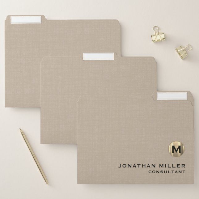 Modern Beige Linen Gold Monogram File Folder (Set)