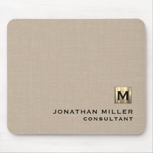 Modern Beige Linen Gold Monogram Mouse Pad