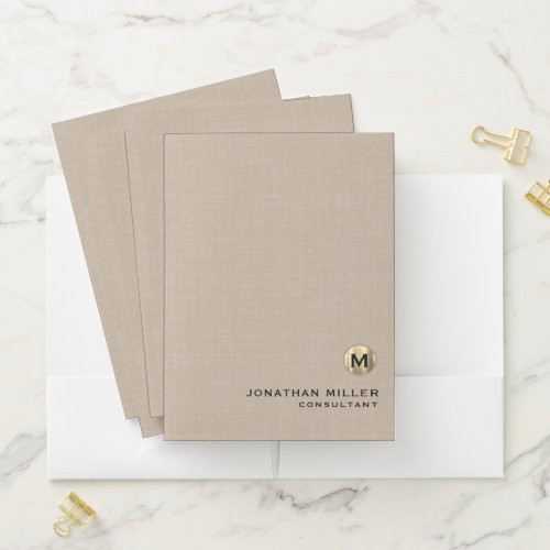 Modern Beige Linen Metallic Gold Monogram Pocket Folder
