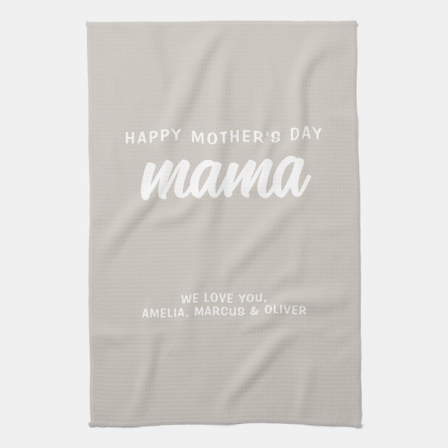 Modern Beige Mama Kid's Names Mother's Day  Kitchen Towel (Vertical)
