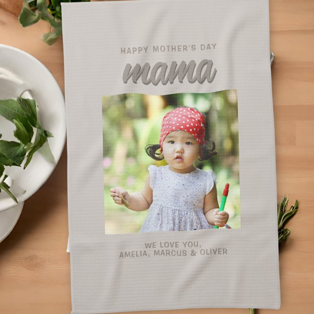 Modern Beige Mama Kids Photo Mother's Day  Kitchen Towel (Creator Uploaded)