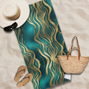 Modern Beige Marble Waves Turquoise Teal Blue Beach Towel