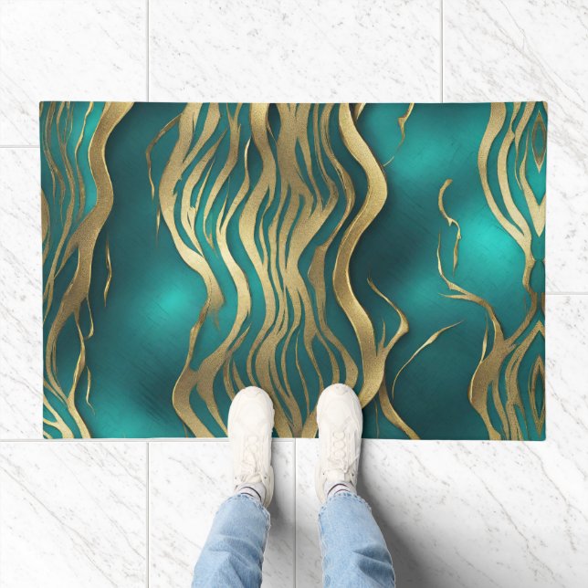 Modern Beige Marble Waves Turquoise Teal Blue  Doormat (Indoor)