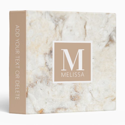 Modern Beige Marble White Monogram 3 Ring Binder