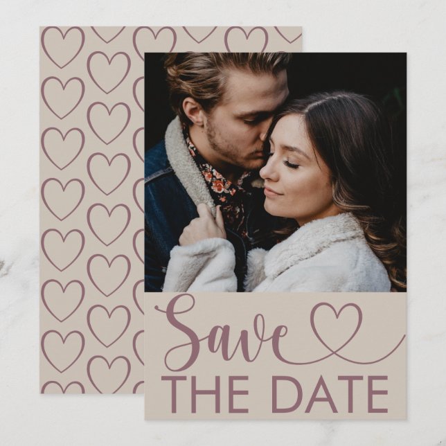 Modern Beige & Maroon Photo & Heart Save the Date (Front/Back)