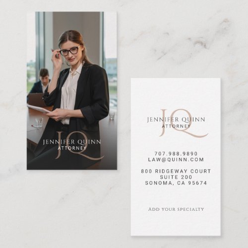 Modern Beige Monogram Lawyer Attorney Photo Business Card