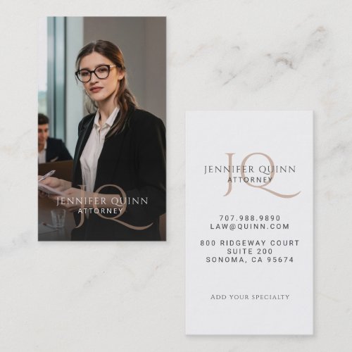 Modern Beige Monogram Lawyer Attorney Photo Business Card