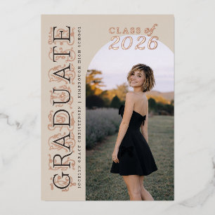 Modern Beige Neutral Photo Graduation Rose Gold Foil Invitation
