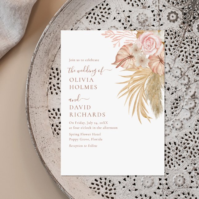 Modern Beige Pampas Grass Floral Wedding  Invitation (Modern Beige Pampas Grass Floral Wedding Invitation on a neutral boho plate.)