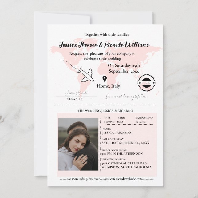 Modern Beige passport  Monogram Wedding invitation (Back)