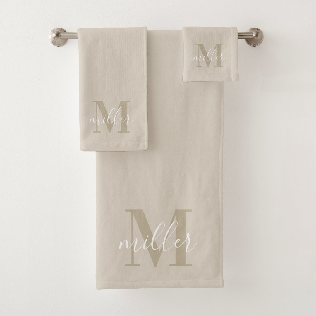 Modern Beige Personalized Family Name Monogram Bath Towel Set | Zazzle