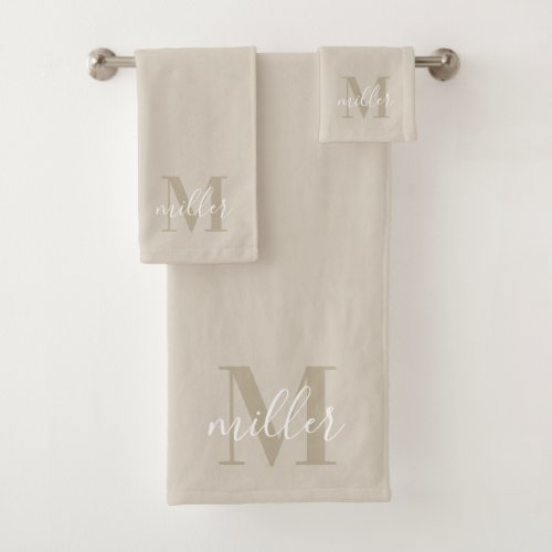 Modern Beige Personalized Family Name Monogram Bath Towel Set