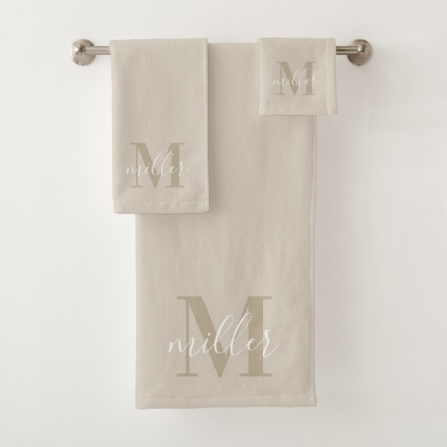 Modern Beige Personalized Family Name Monogram Bath Towel Set (Insitu)