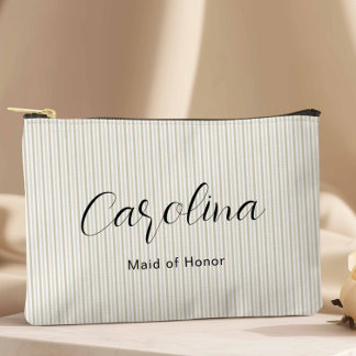 Modern Beige Petite Pinstripes Bridesmaid Accessory Pouch