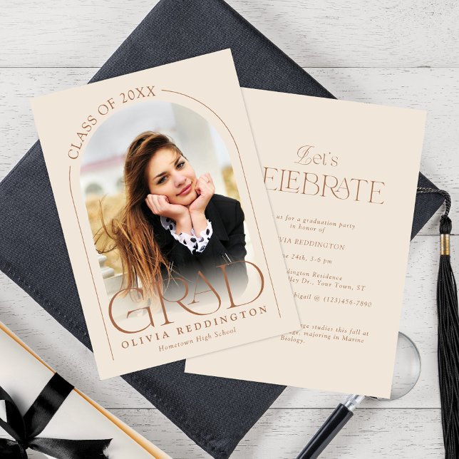 Modern Beige Photo Arch Minimal Graduation Party Invitation (Creator Uploaded)