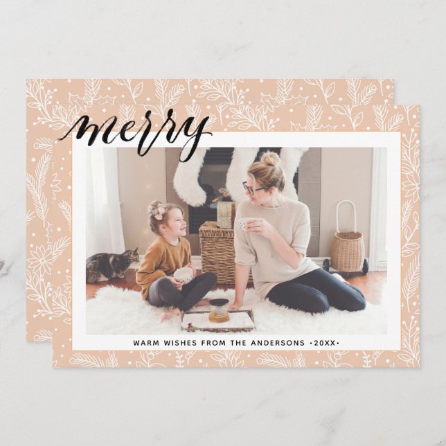 Modern Beige Pine Bough Script MERRY Minimalist Holiday Card (Front/Back)