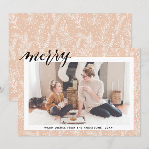 Modern Beige Pine Bough Script MERRY Minimalist Holiday Card