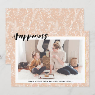 Modern Beige Pine Bough Simple Script HAPPINESS Holiday Card