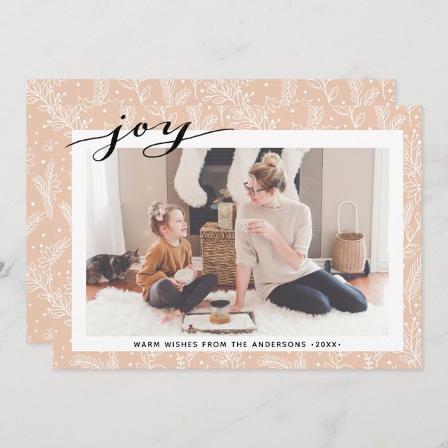Modern Beige Pine Boughs Elegant Script JOY Simple Holiday Card (Front/Back)