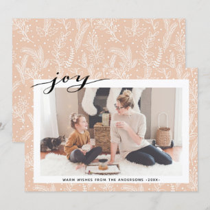 Modern Beige Pine Boughs Elegant Script JOY Simple Holiday Card