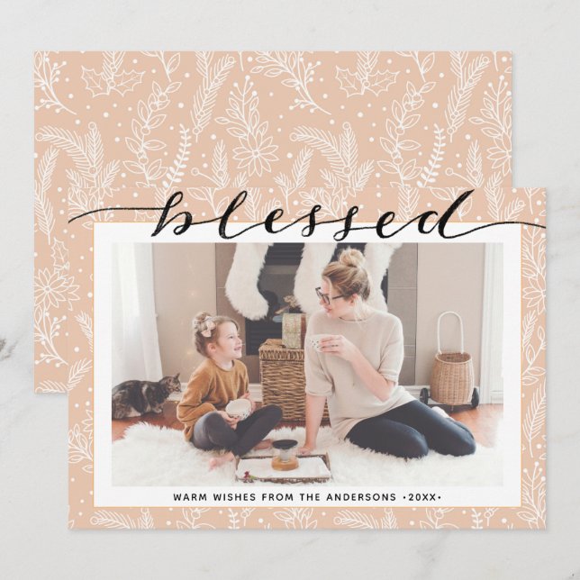 Modern Beige Pine Boughs Elegant Script Minimalist Holiday Card (Front/Back)