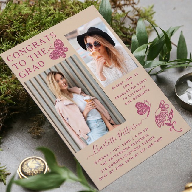 Modern Beige Pink Butterfly Photo Graduation Party Invitation (Creator Uploaded)