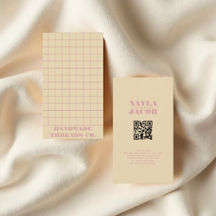 Modern Beige & Pink Checkered Pattern QR Code Business Card