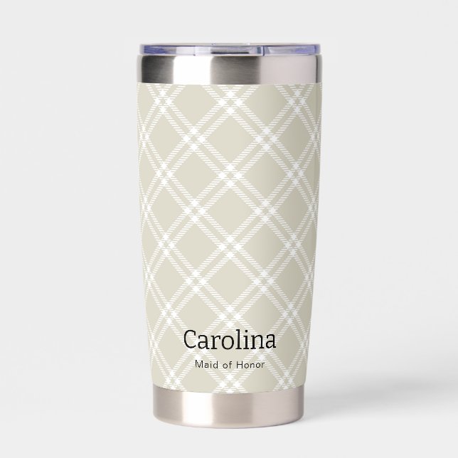 Modern Beige Plaid Bridesmaid Proposal Insulated Tumbler (Front)