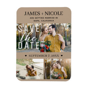 Modern Beige Save the Date Wedding 3 Photos Magnet