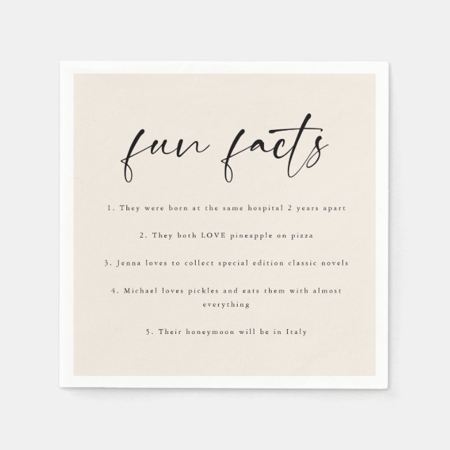 Modern Beige Script "Fun Facts" Wedding Napkins (Front)