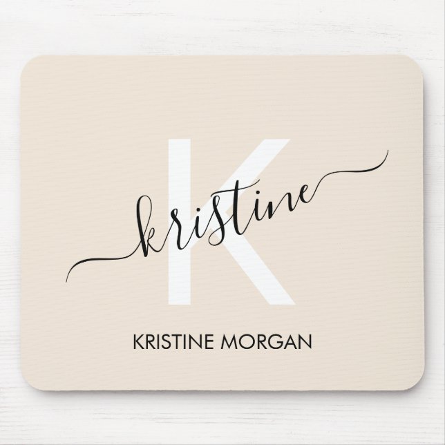 Modern beige script monogram name mouse pad (Front)