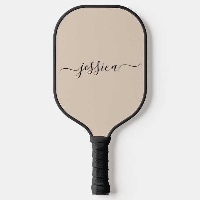 Modern beige script name pickleball paddle (Front)