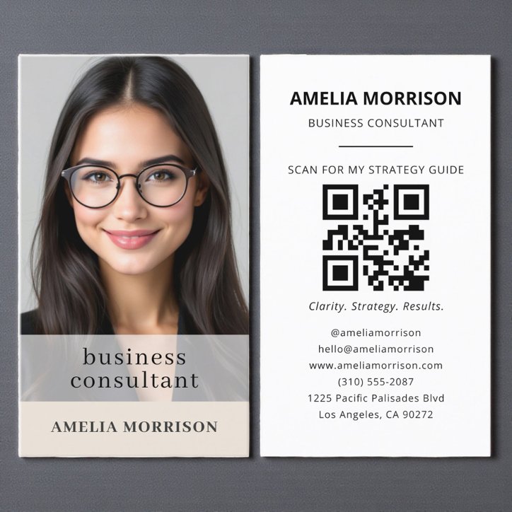 Modern Beige Taupe Consultant QR Code Photo Business Card