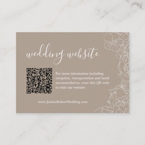 Modern Beige Taupe Floral Wedding Details QR Code Enclosure Card