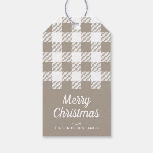 Modern Beige Taupe Plaid Pattern Merry Christmas Gift Tags