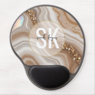 Modern Beige white and Gold monogram Gel Mouse Pad