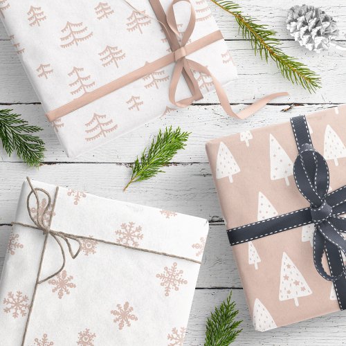 Modern Beige  White Christmas Trees Snowflakes Wrapping Paper Sheets