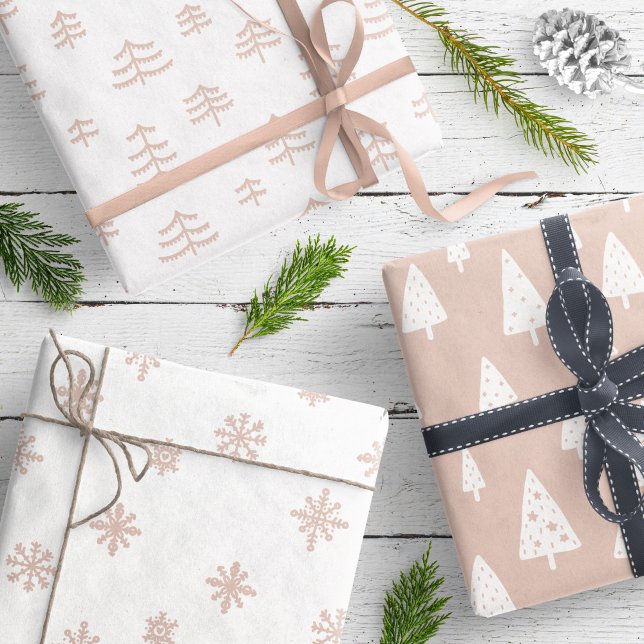 Modern Beige & White Christmas Trees Snowflakes Wrapping Paper Sheets (Creator Uploaded)