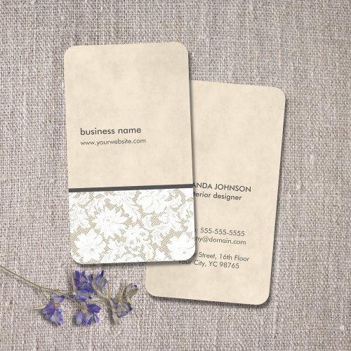 Modern Beige White Lace Pattern Interior Designer Business Card