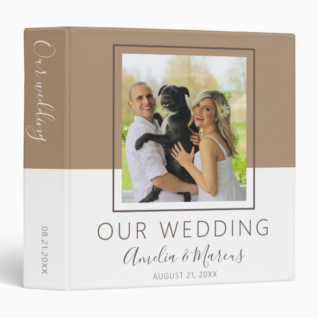 Modern Beige White Modern Wedding Photo Album 3 Ring Binder (Front/Spine)