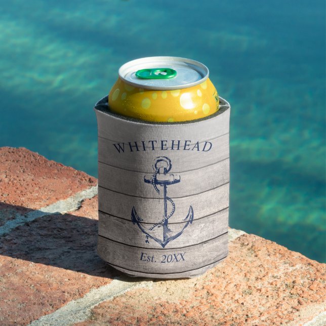 Modern Beige Wood Anchor Monogram Can Cooler (In Situ Pool)