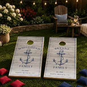Modern Beige Wood Anchor Monogram Navy Cornhole Set