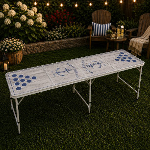 Modern Beige Wood Anchor Monogram Portable Beer Pong Table